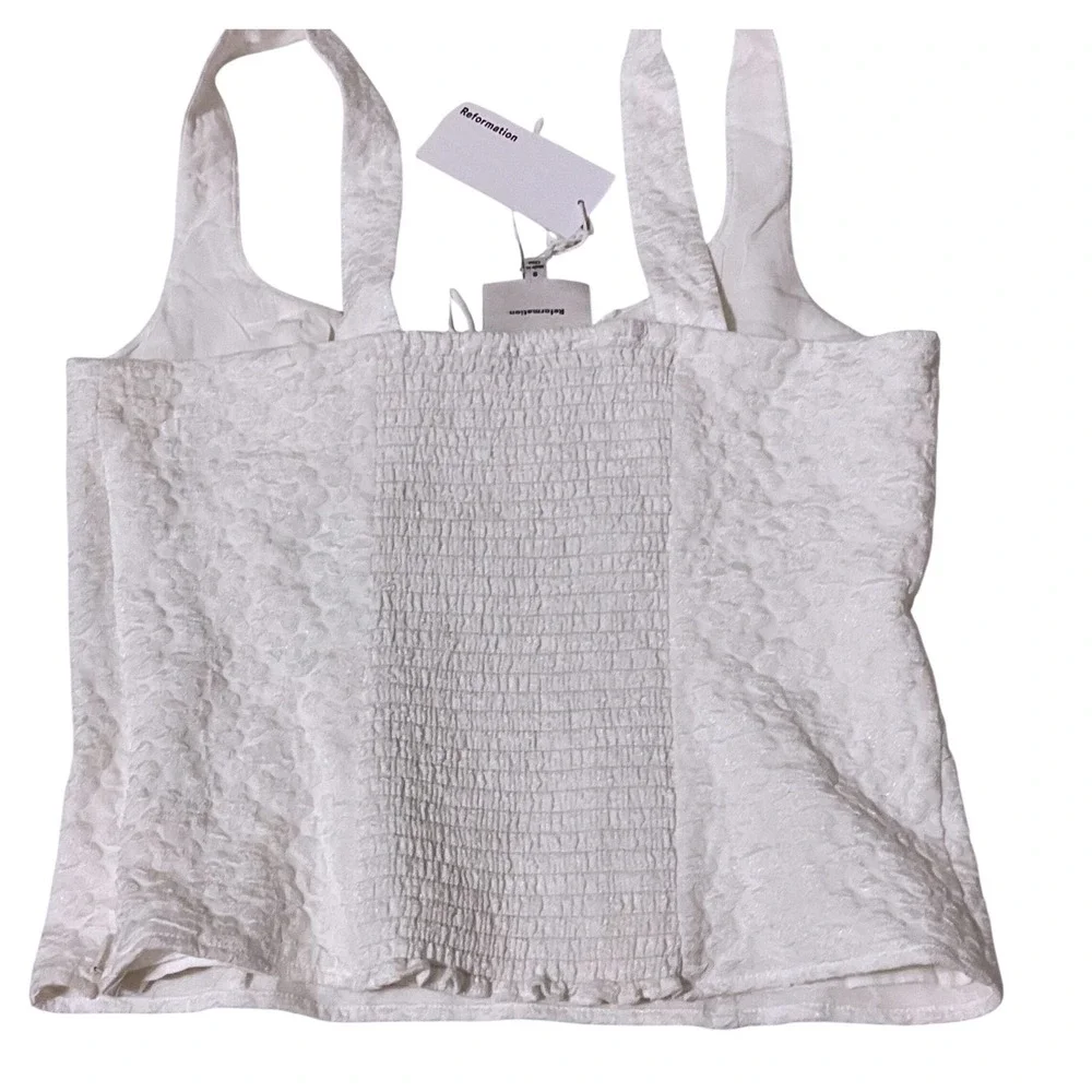 REFORMATION BALIA TOP white floral tank women's blouse bow 8 medium smocked NWT - Picture 3 of 14